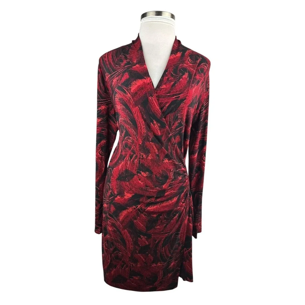 Norma Kamali Faux Wrap Dress Red & Black Feather Print Size XXL 2XL Office Chic - Picture 2 of 16